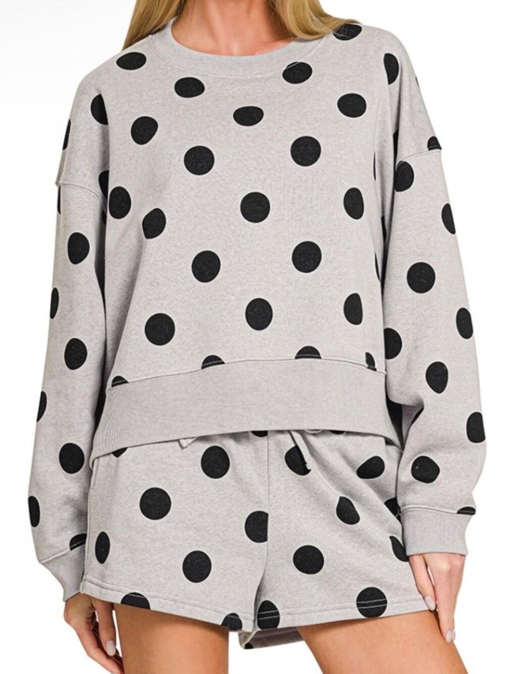 Gray with Black Polka Dot Lounge Set - Sweatshirt & Shorts